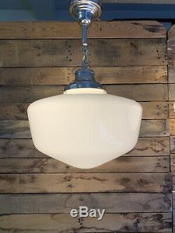 Pair Of Matching Vintage Schoolhouse Milk Glass Hanging Lights Silver Canopy