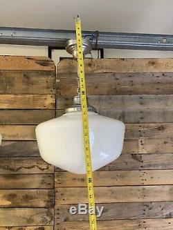 Pair Of Matching Vintage Schoolhouse Milk Glass Hanging Lights Silver Canopy