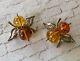 Pair Of Sterling Silver Vintage Russian Baltic Amber Pins Abstract Butterflies