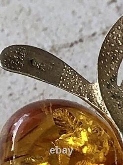 Pair Of Sterling Silver Vintage Russian Baltic Amber Pins Abstract Butterflies