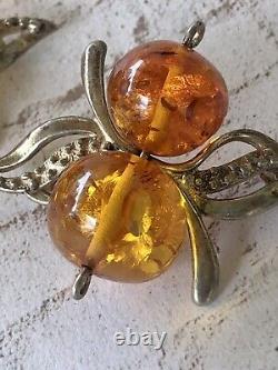 Pair Of Sterling Silver Vintage Russian Baltic Amber Pins Abstract Butterflies