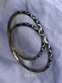 Pair Of Stunning Intricately Enameled Fine Silver Vintage Bangles