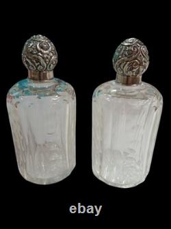 Pair Of Vintage 5.5 Cut Crystal Glass Bottles with 925 Sterling Silver Caps