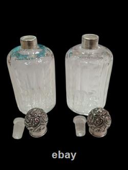 Pair Of Vintage 5.5 Cut Crystal Glass Bottles with 925 Sterling Silver Caps