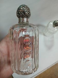Pair Of Vintage 5.5 Cut Crystal Glass Bottles with 925 Sterling Silver Caps