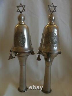 Pair Of Vintage 800 Silver Torah Scroll Grenades Bells Pomegranate- David Tower
