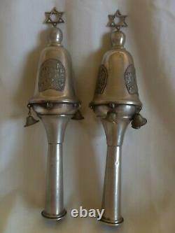 Pair Of Vintage 800 Silver Torah Scroll Grenades Bells Pomegranate- David Tower