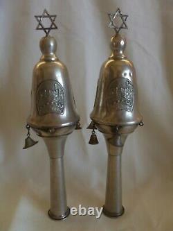 Pair Of Vintage 800 Silver Torah Scroll Grenades Bells Pomegranate- David Tower