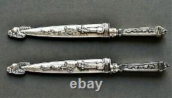 Pair Of Vintage 8.5 Ornate Gaucho Boot Knives With Sheaths Nickel Silver