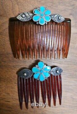 Pair Of Vintage 925 Sterling Silver Sleeping Beauty Turquoise Inlay Hair Combs