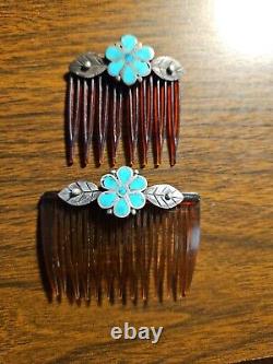 Pair Of Vintage 925 Sterling Silver Sleeping Beauty Turquoise Inlay Hair Combs