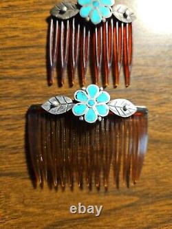 Pair Of Vintage 925 Sterling Silver Sleeping Beauty Turquoise Inlay Hair Combs