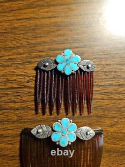 Pair Of Vintage 925 Sterling Silver Sleeping Beauty Turquoise Inlay Hair Combs