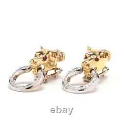 Pair Of Vintage 935 Two Tone Silver With White CZ & Ruby Eyes Panther Earrings