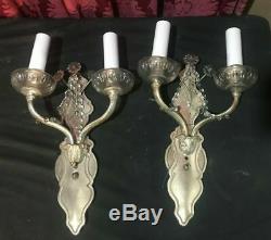 Pair Of Vintage Antique Silver Finish Two Light Candelabra Wall Sconces