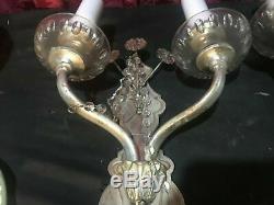 Pair Of Vintage Antique Silver Finish Two Light Candelabra Wall Sconces