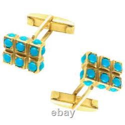 Pair Of Vintage Blue Cabochon Turquoise 10K Yellow Gold Over Decorated Cufflinks