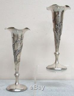 Pair Of Vintage Chinese Hallmark Silver Dragon Vases
