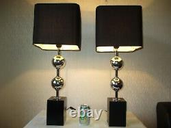 Pair Of Vintage Chrome Ball Table Lamps With Matching Shades