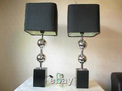 Pair Of Vintage Chrome Ball Table Lamps With Matching Shades