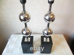 Pair Of Vintage Chrome Ball Table Lamps With Matching Shades