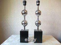 Pair Of Vintage Chrome Ball Table Lamps With Matching Shades