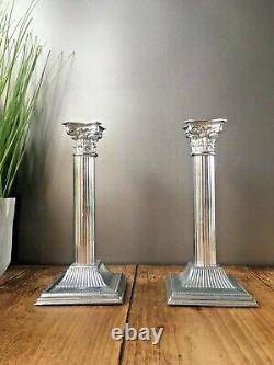 Pair Of Vintage Corinthian Column Candlesticks Candle Holders Silver Chrome Epns