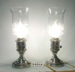 Pair Of Vintage Crest Silver Co Sterling Candle Stick Electric Hurricane Lamps