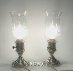 Pair Of Vintage Crest Silver Co Sterling Candle Stick Electric Hurricane Lamps