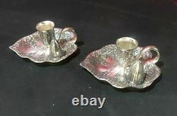 Pair Of Vintage Floral Repousse Silver Plate Chamber Candlesticks