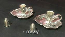 Pair Of Vintage Floral Repousse Silver Plate Chamber Candlesticks
