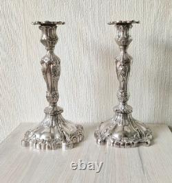 Pair Of Vintage Heavy Silver Plated Rocaille Ornate Baroque Style Candle Sticks