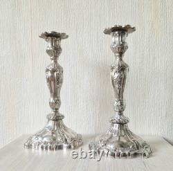 Pair Of Vintage Heavy Silver Plated Rocaille Ornate Baroque Style Candle Sticks
