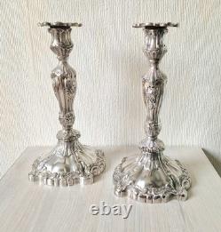 Pair Of Vintage Heavy Silver Plated Rocaille Ornate Baroque Style Candle Sticks