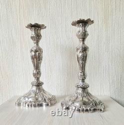 Pair Of Vintage Heavy Silver Plated Rocaille Ornate Baroque Style Candle Sticks