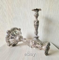 Pair Of Vintage Heavy Silver Plated Rocaille Ornate Baroque Style Candle Sticks