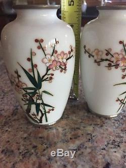 Pair Of Vintage Japanese Cloisonne Silver Wire Enamel White Vase