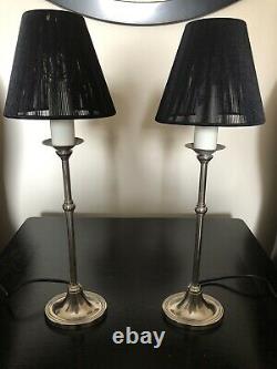 Pair Of Vintage Laura Ashley Candlestick Style Silver Lamp Bases & Black Shades