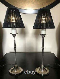 Pair Of Vintage Laura Ashley Candlestick Style Silver Lamp Bases & Black Shades