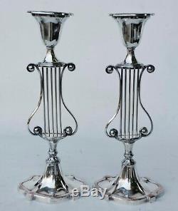 Pair Of Vintage Sheffield Silver Plate Over Copper Oval Lyre Candlesticks 12 T