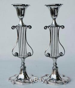 Pair Of Vintage Sheffield Silver Plate Over Copper Oval Lyre Candlesticks 12 T