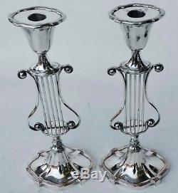 Pair Of Vintage Sheffield Silver Plate Over Copper Oval Lyre Candlesticks 12 T