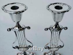 Pair Of Vintage Sheffield Silver Plate Over Copper Oval Lyre Candlesticks 12 T