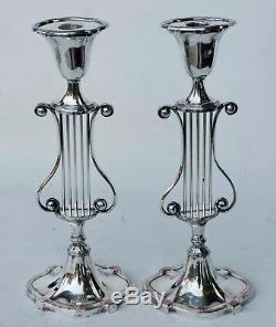 Pair Of Vintage Sheffield Silver Plate Over Copper Oval Lyre Candlesticks 12 T