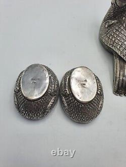 Pair Of Vintage Solid Silver Box Betel Khmer Cambodia Silver Birds, 268g