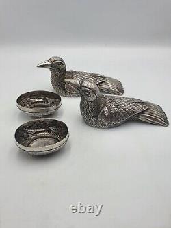 Pair Of Vintage Solid Silver Box Betel Khmer Cambodia Silver Birds, 268g