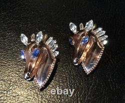 Pair Of Vintage Sterling Vermeil Horse Head Brooches Rhinestones