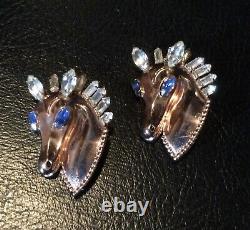 Pair Of Vintage Sterling Vermeil Horse Head Brooches Rhinestones