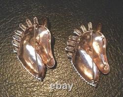 Pair Of Vintage Sterling Vermeil Horse Head Brooches Rhinestones