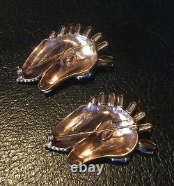 Pair Of Vintage Sterling Vermeil Horse Head Brooches Rhinestones